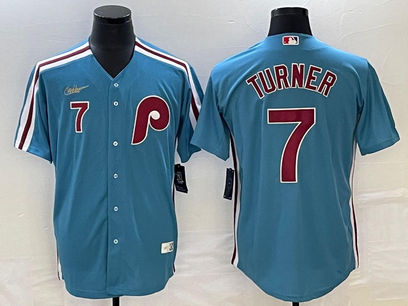 Men's Philadelphia Phillies #7 Trea Turner Blue Cool Base With Patch Stitched Jersey Men's Philadelphia Phillies #7 Trea Turner Blue Cool Base With Patch Stitched Jersey
